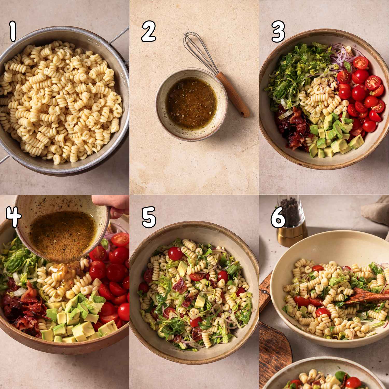 6-step photo collage showing how to make BLT salad.