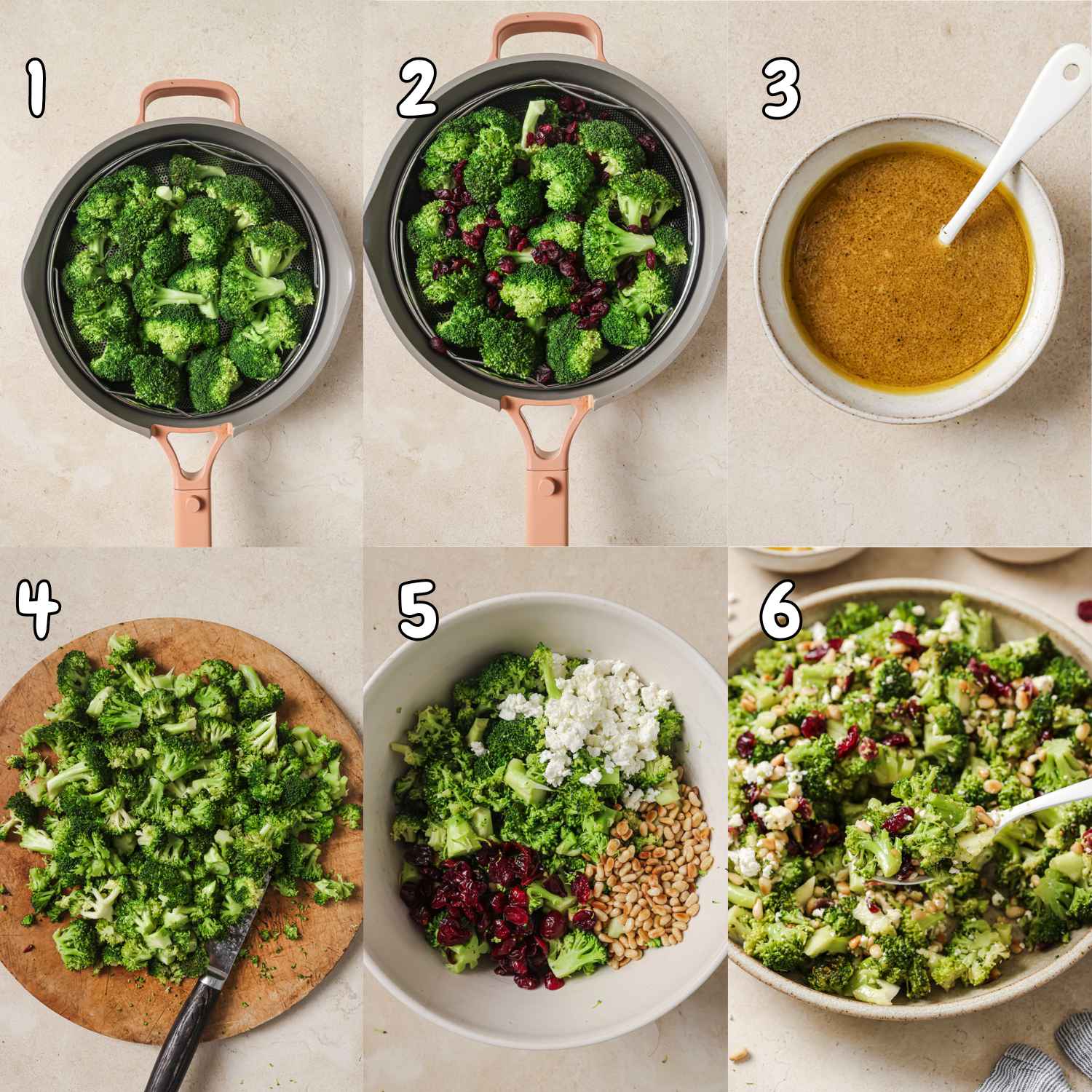 6-photo collage showing how to make vegan broccoli salad.