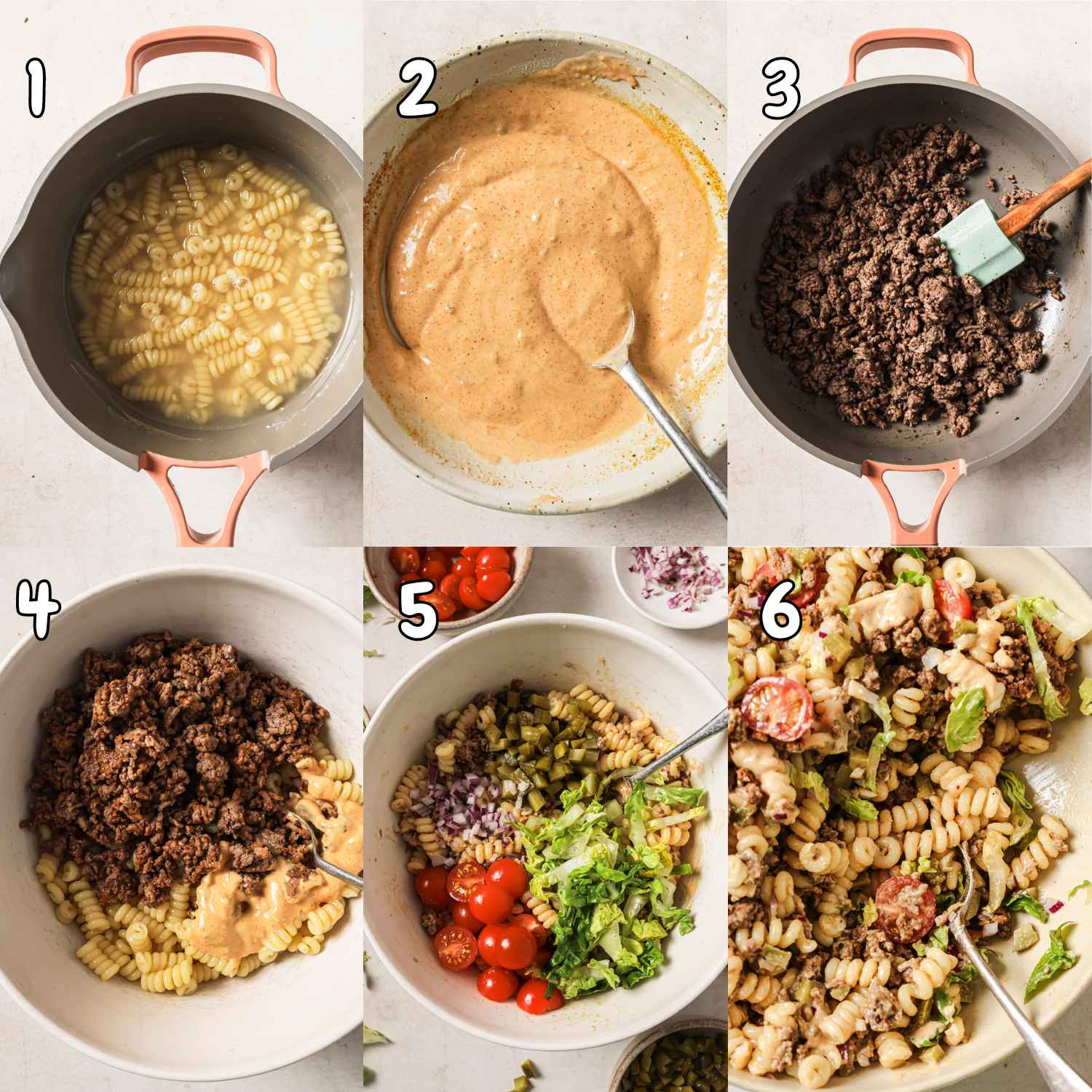 6-step collage showing how to make cheeseburger pasta salad with meat.