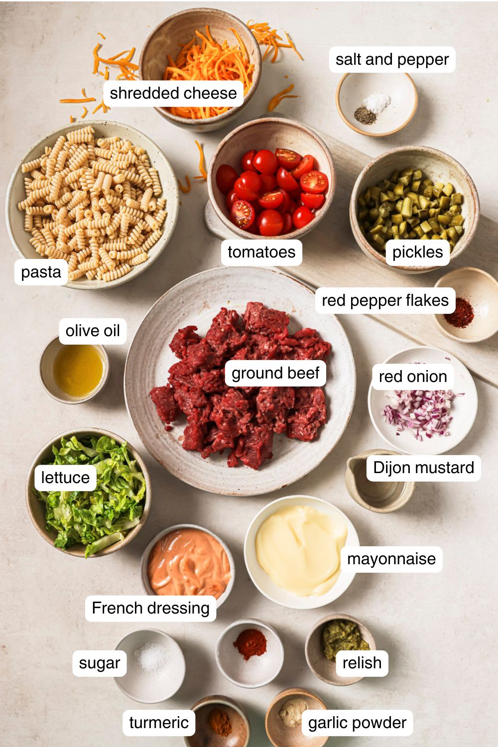 Labeled ingredients for pasta salad with meat.