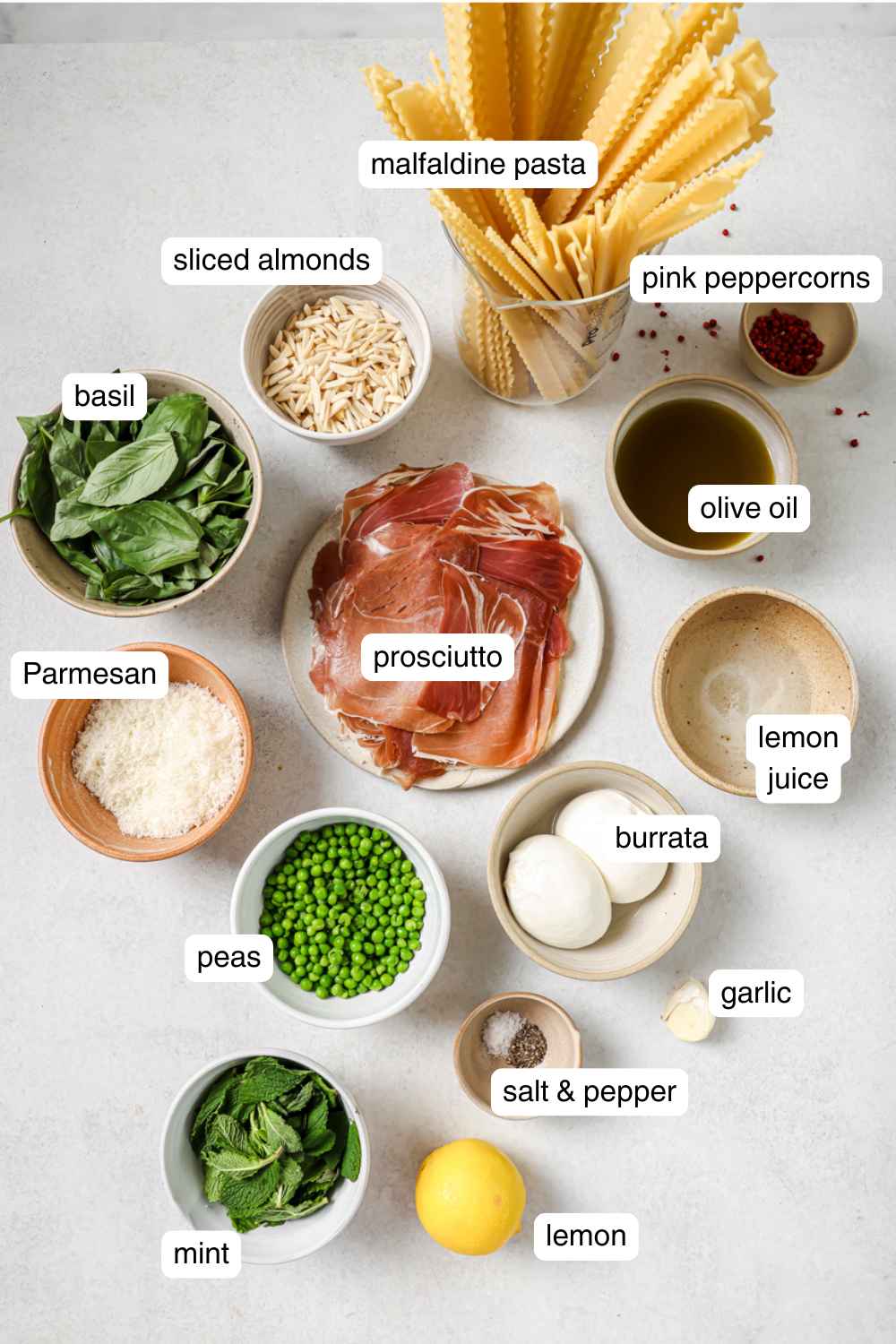 Labeled ingredients for prosciutto pasta.