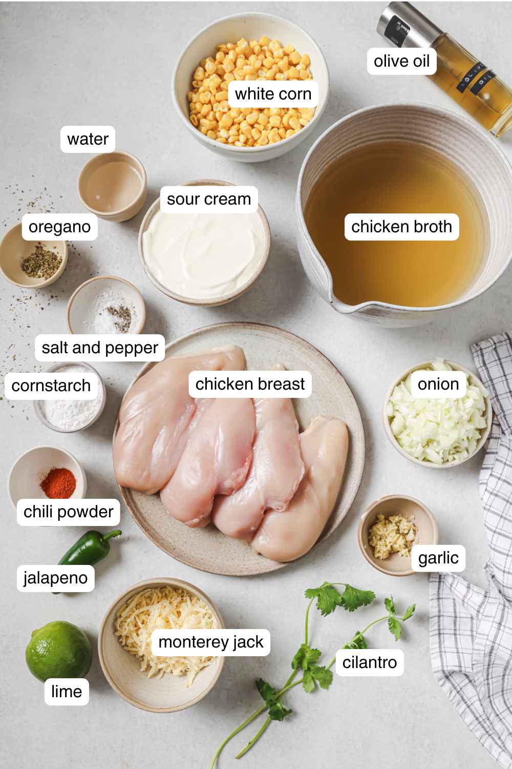 Labeled ingredients for white chicken chili.