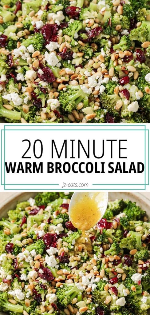 warm broccoli salad pinterest long pin with two photos of the broccoli salad, one close up and one with a white spoon adding dressing.