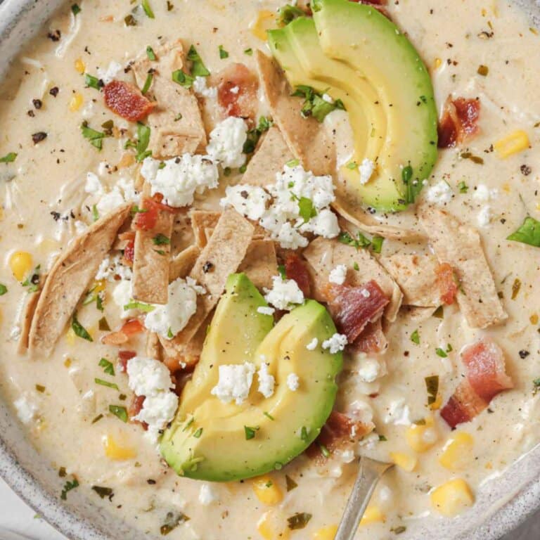 Close up of white chicken chili in a bowl.