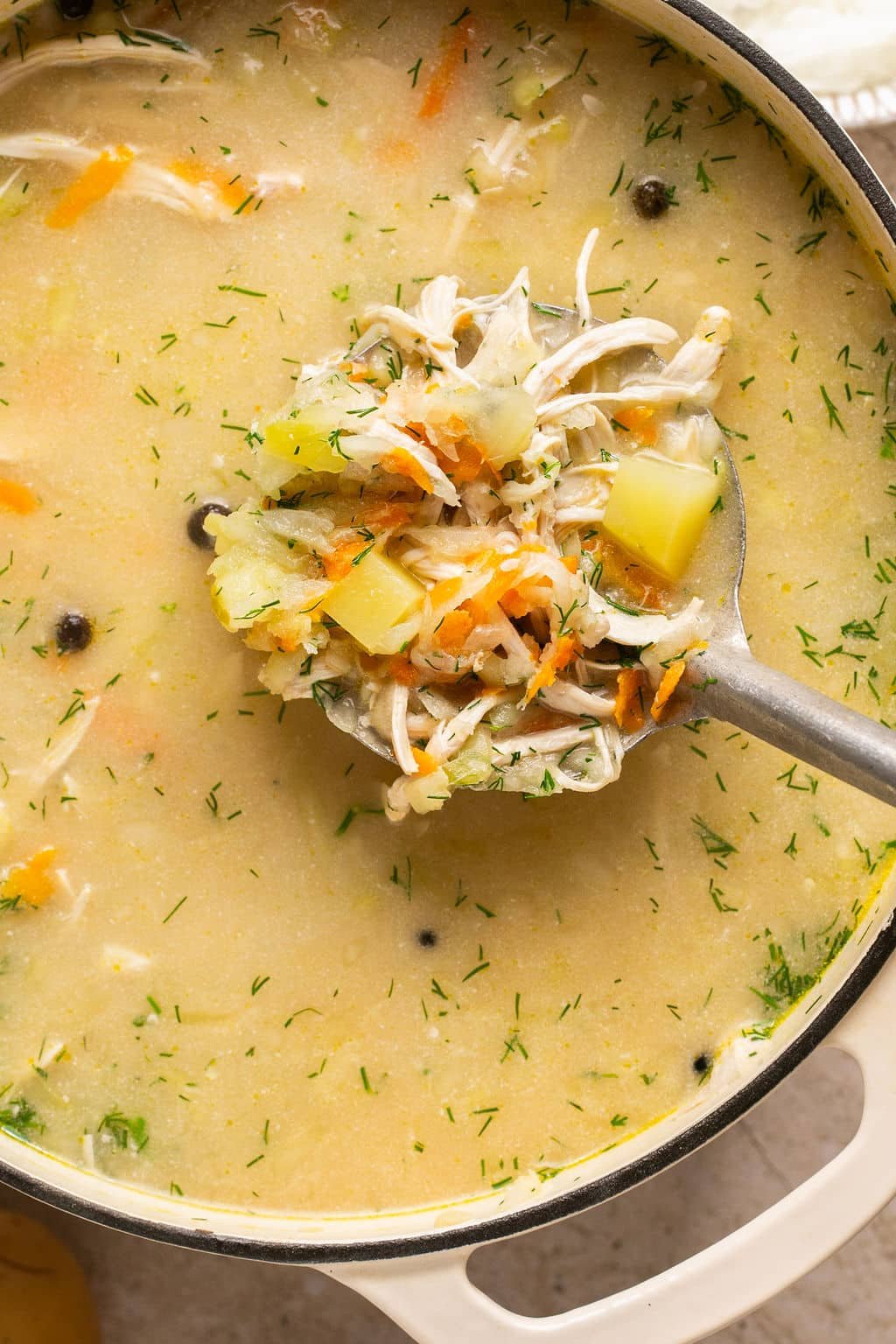 pickle soup in a large pot with a ladle