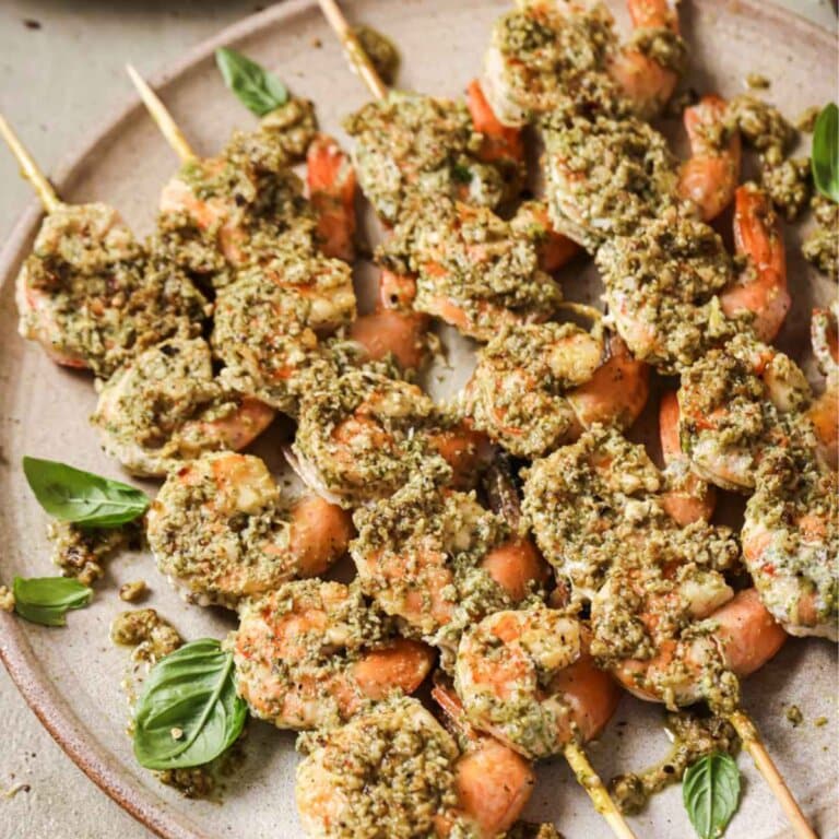 A plate of pesto grilled shrimp.