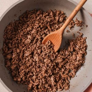 A skillet of perfectly browned ground beef.