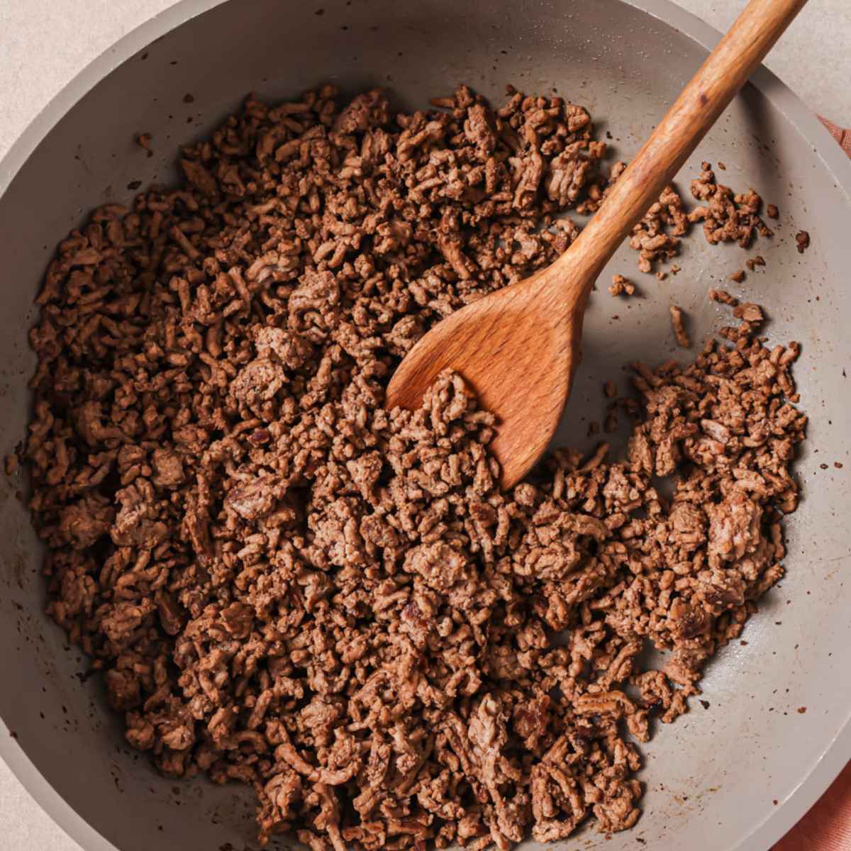 A skillet of perfectly browned ground beef.