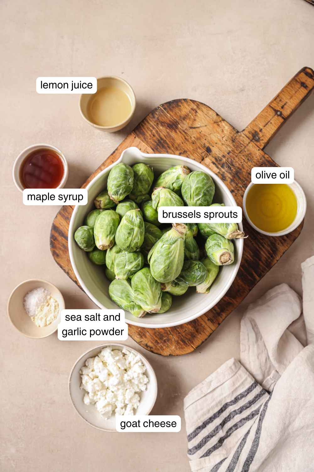 Labeled ingredients for air fryer brussels sprouts with maple syrup.