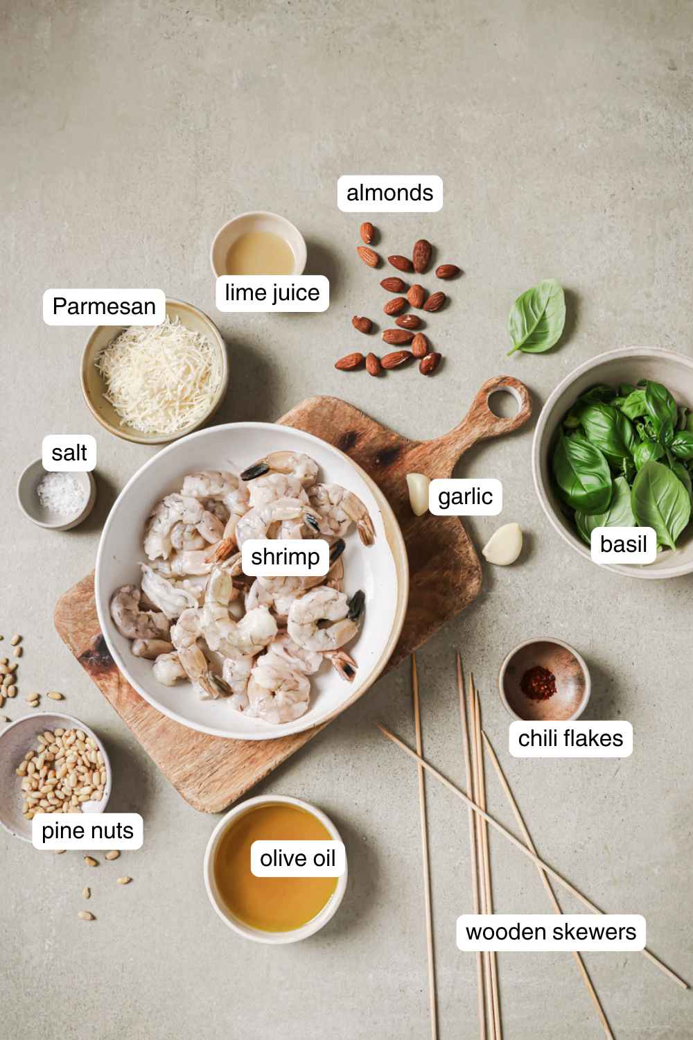 Labeled ingredients for grilled pesto shrimp.