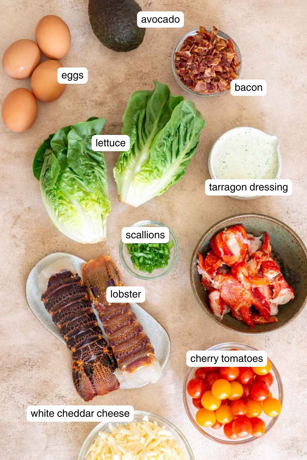 Labeled ingredients for lobster salad.