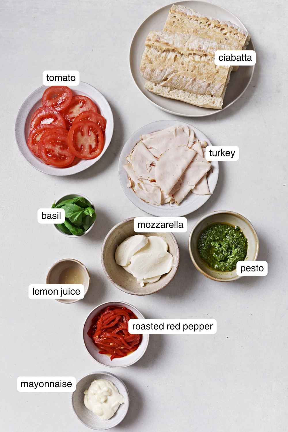 Labeled ingredients for turkey sandwich with pesto.