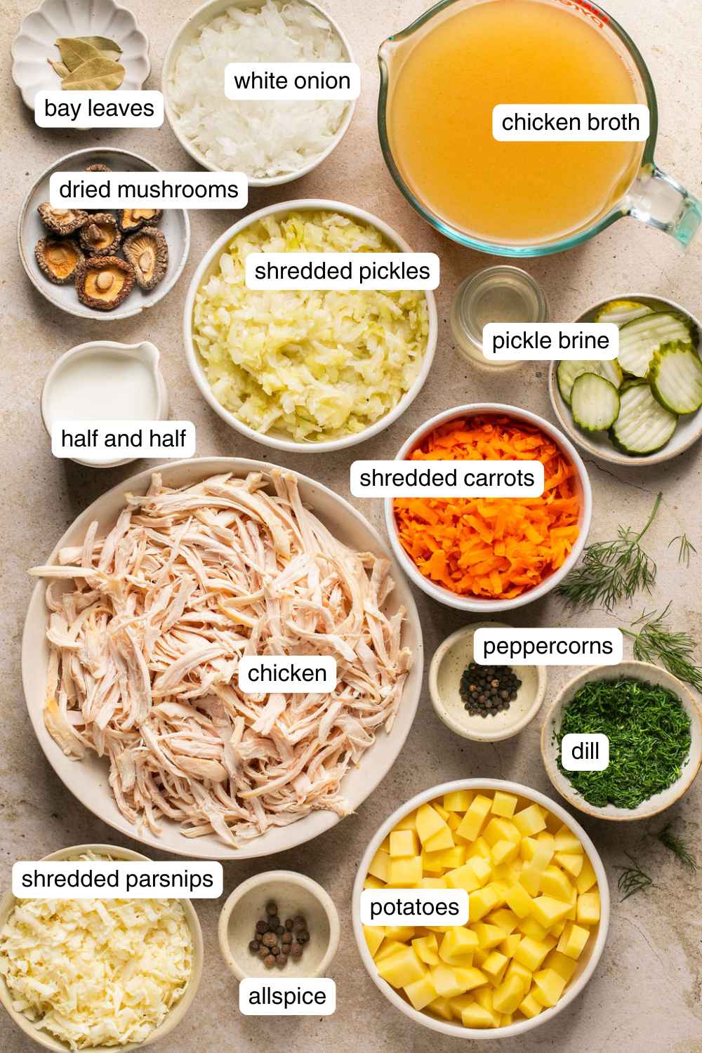 Labeled ingredients for dill pickle soup.