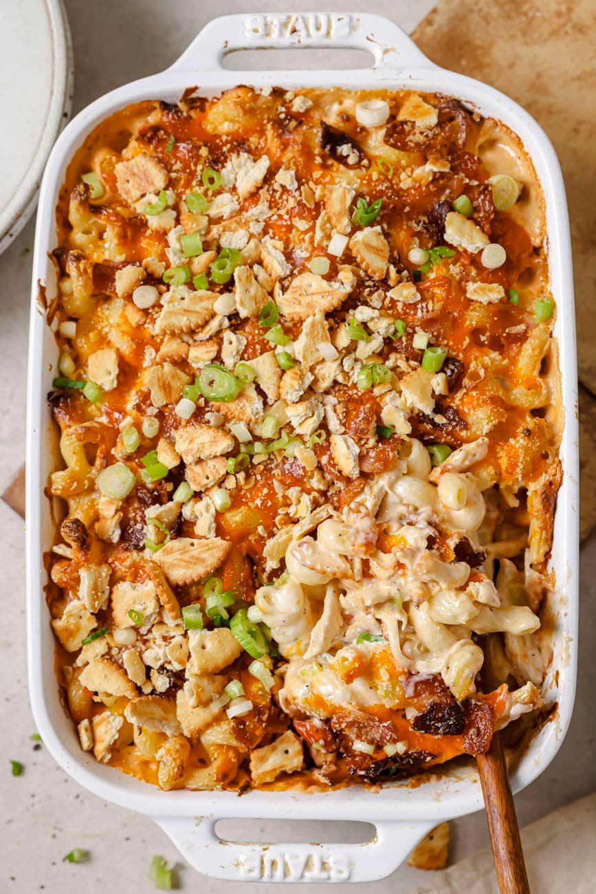 Overhead view of a fully baked crack chicken casserole.