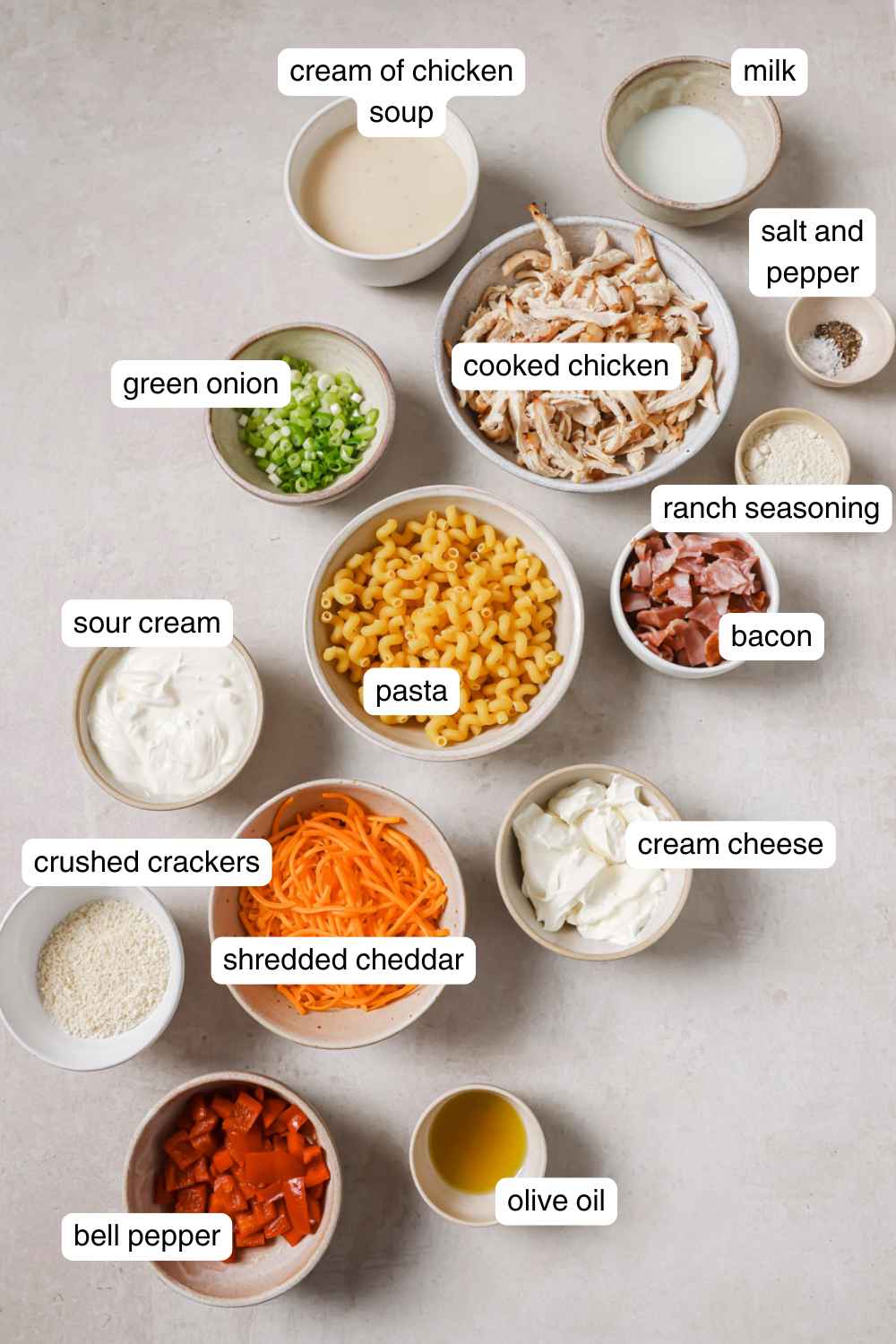 Labeled ingredients for crack chicken casserole.