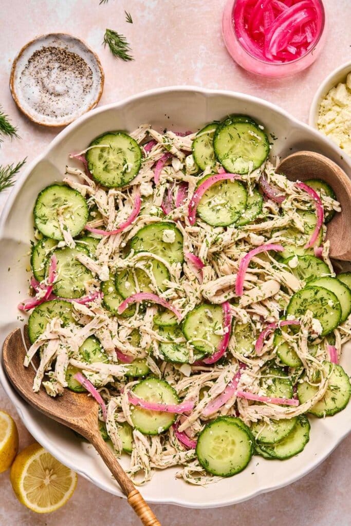 Fully combined chicken salad in a large mixing bowl.