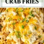 A pinterest pin for Maryland crab fries with a photo of waffle fries with cheesy crab on top.