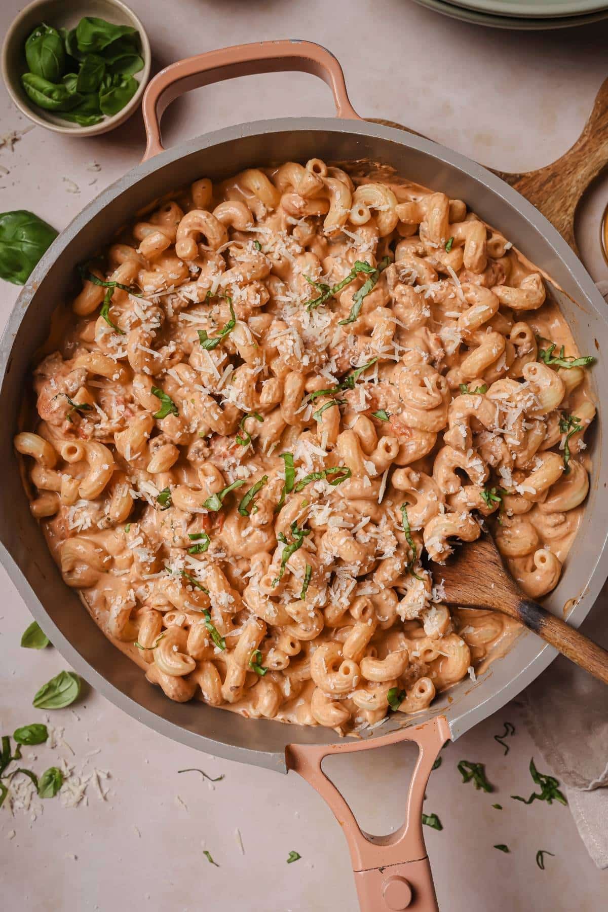 High protein pasta in a pot with a wooden spoon.