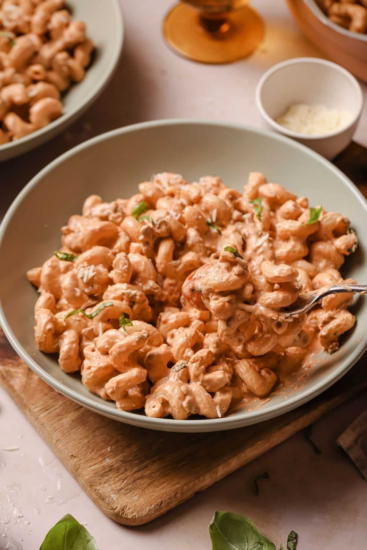 A bowl full of high protein pasta.