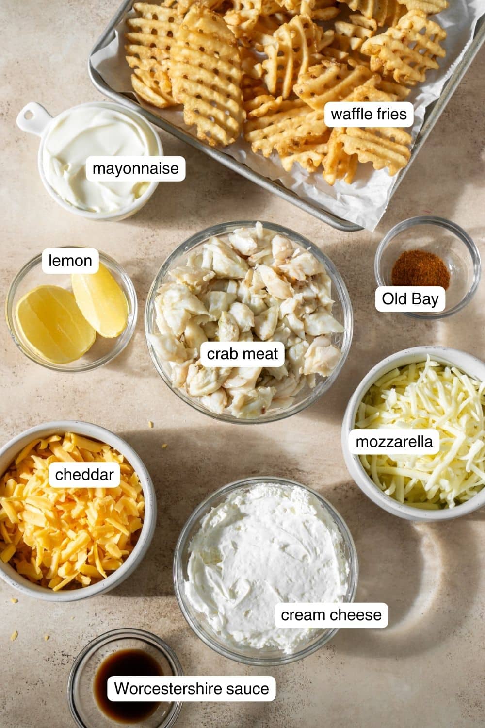 Labeled ingredients for crab fries.