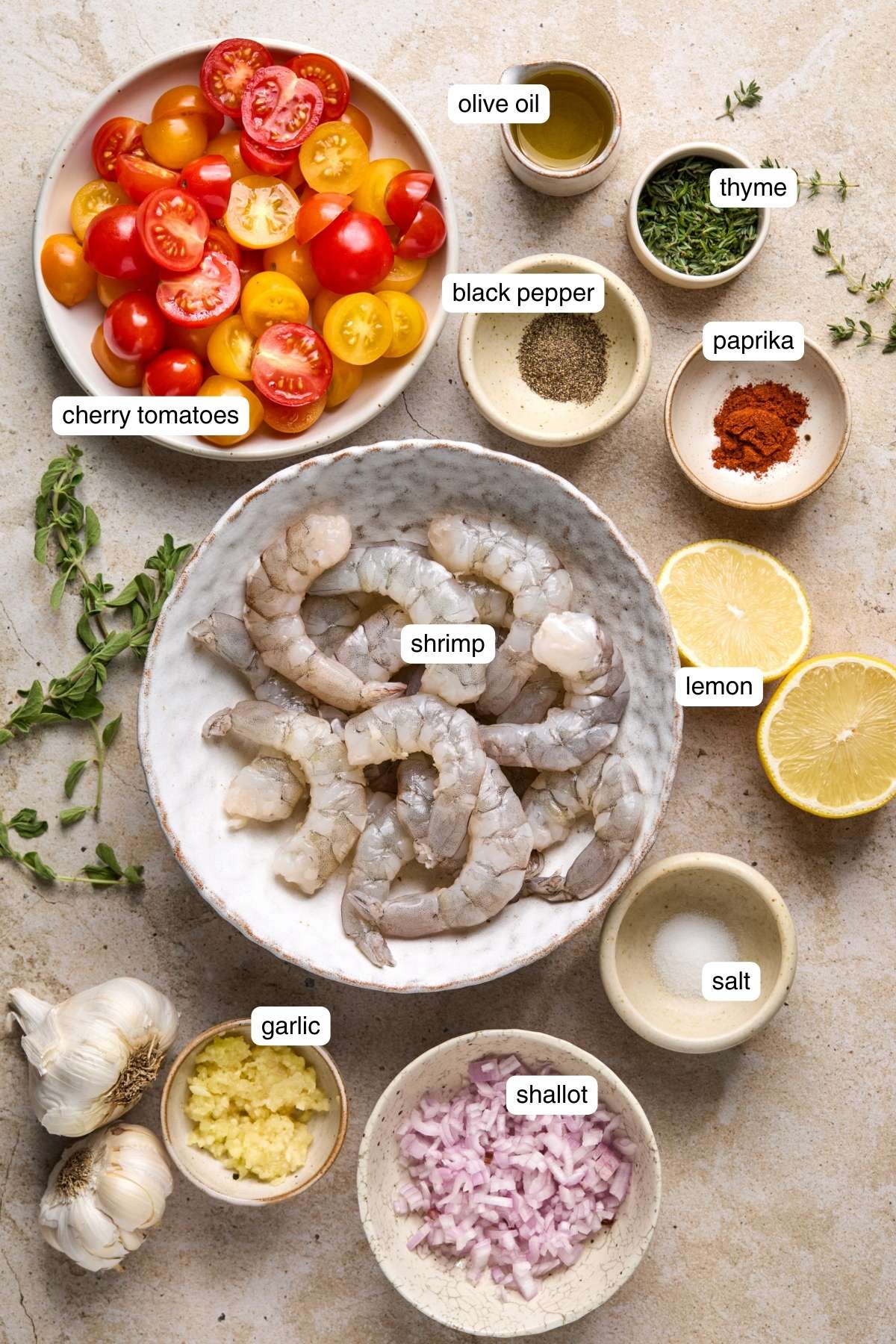 Labeled ingredients for sheet pan shrimp.