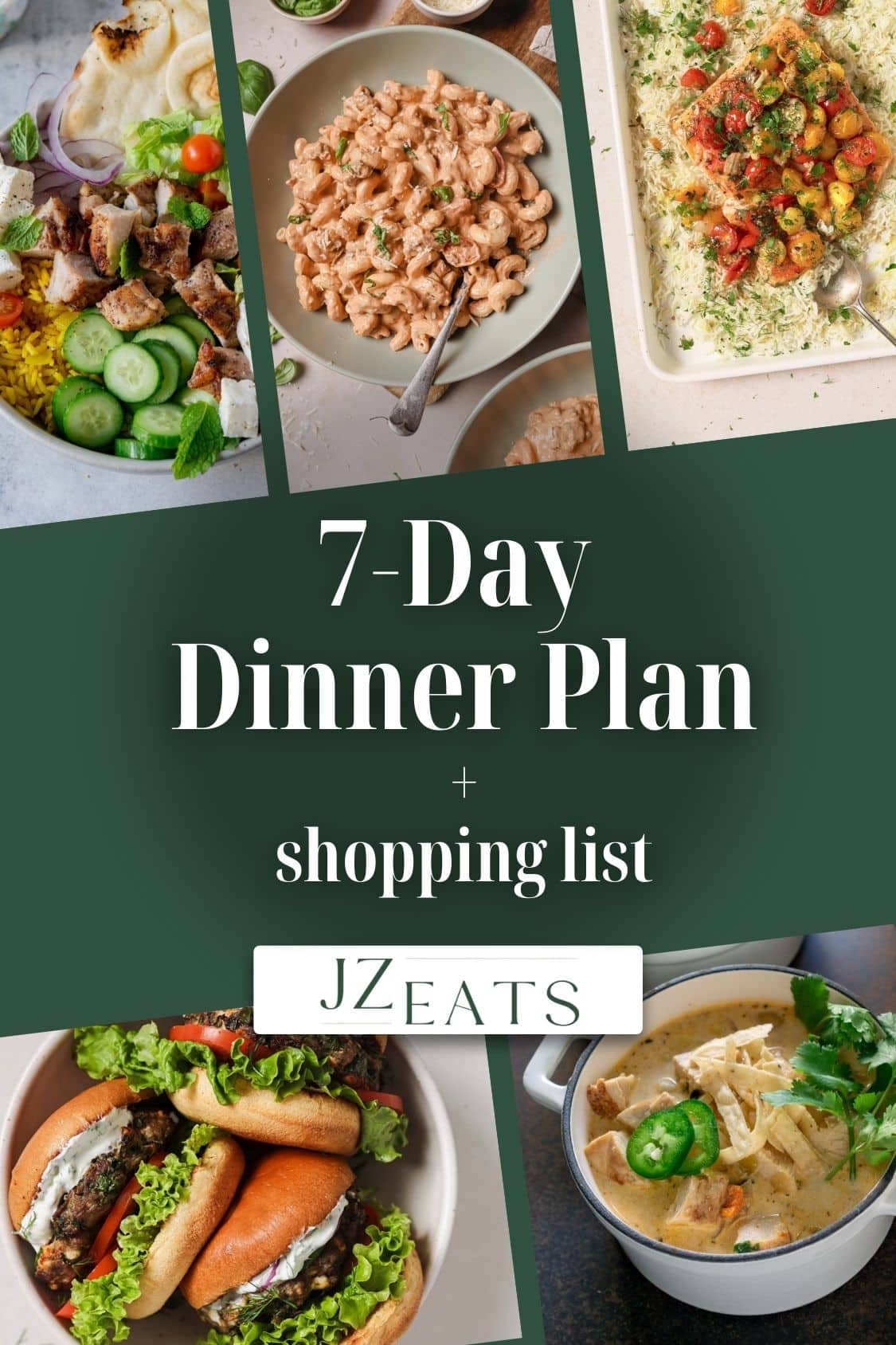 A photo collage of turkey burgers, chili, salmon and more meals with the title "7-Day Meal Plan."