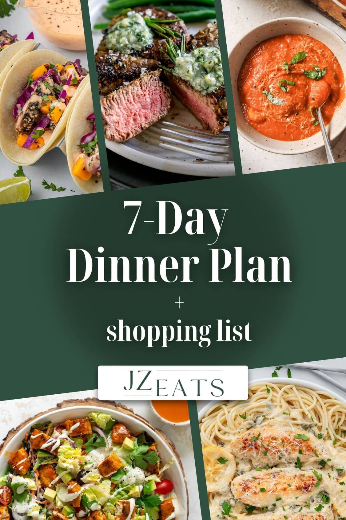 A collage of recipes with the title "7-day dinner plan".