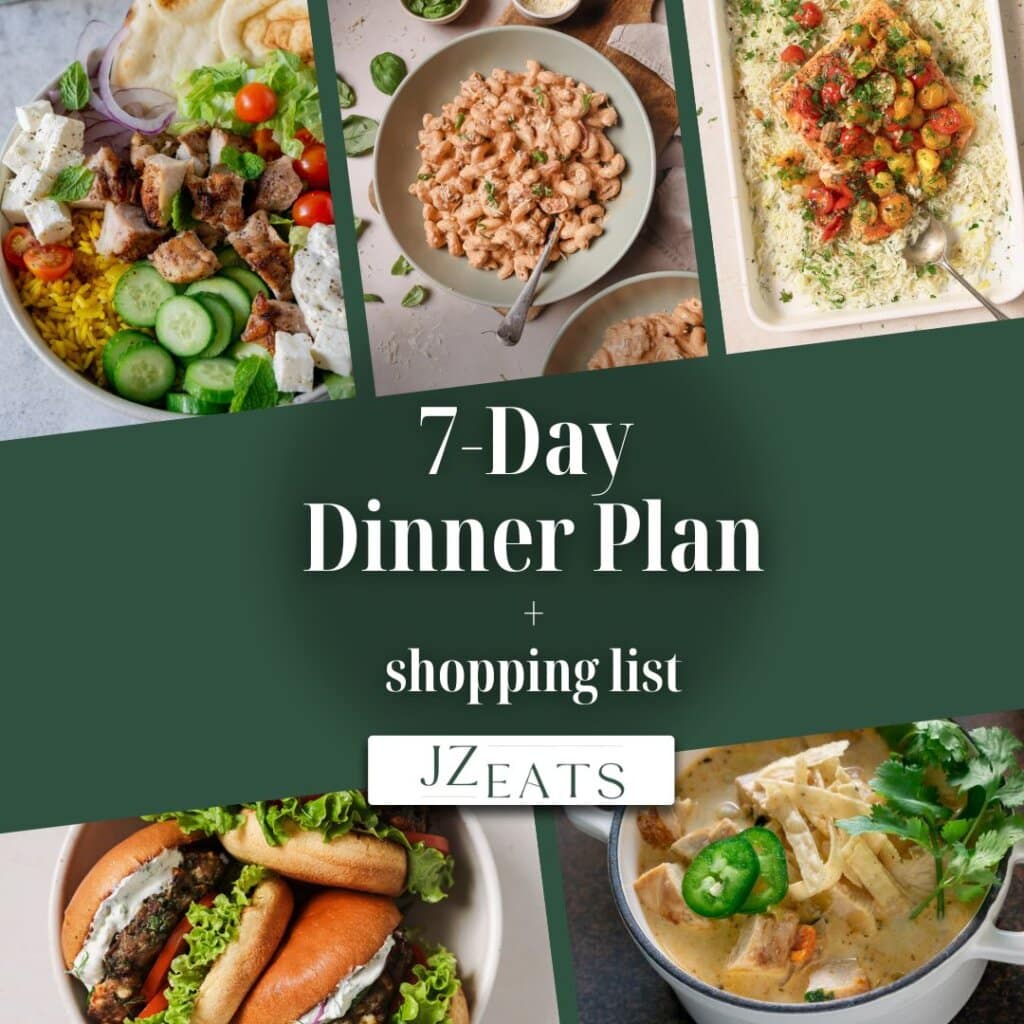 A collage of recipes with the title 7-day dinner plan.