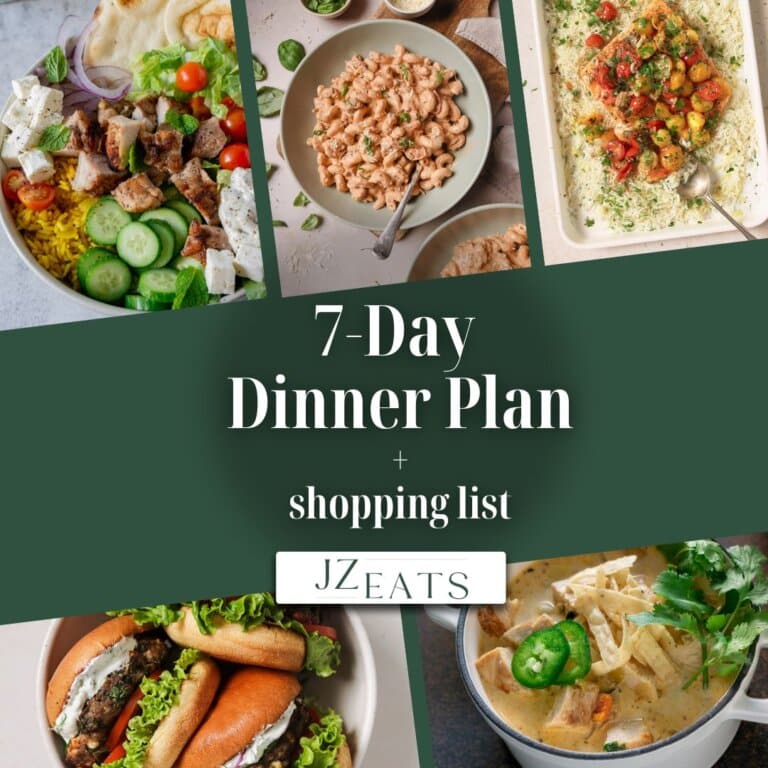 A collage of recipes with the title 7-day dinner plan.