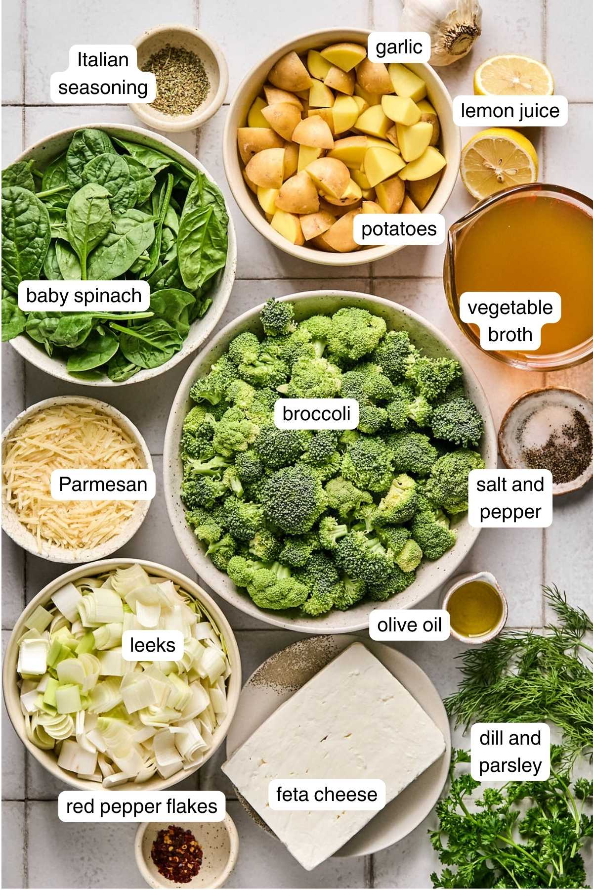 Labeled ingredients for broccoli feta soup.