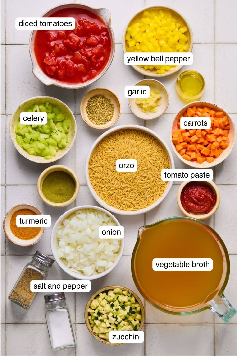 Labeled ingredients for vegetable orzo soup.