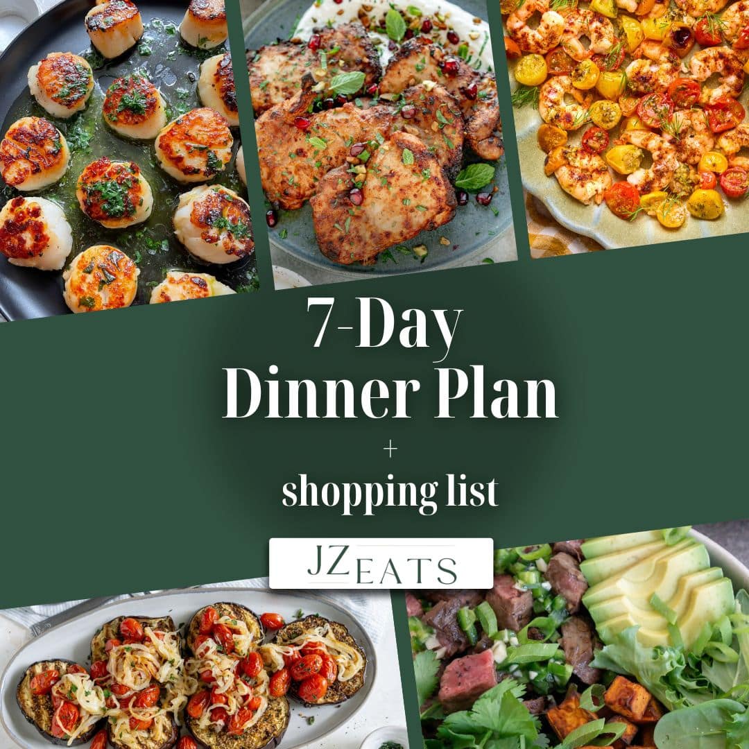 A collage of recipes with the title "7-Day Dinner Plan."