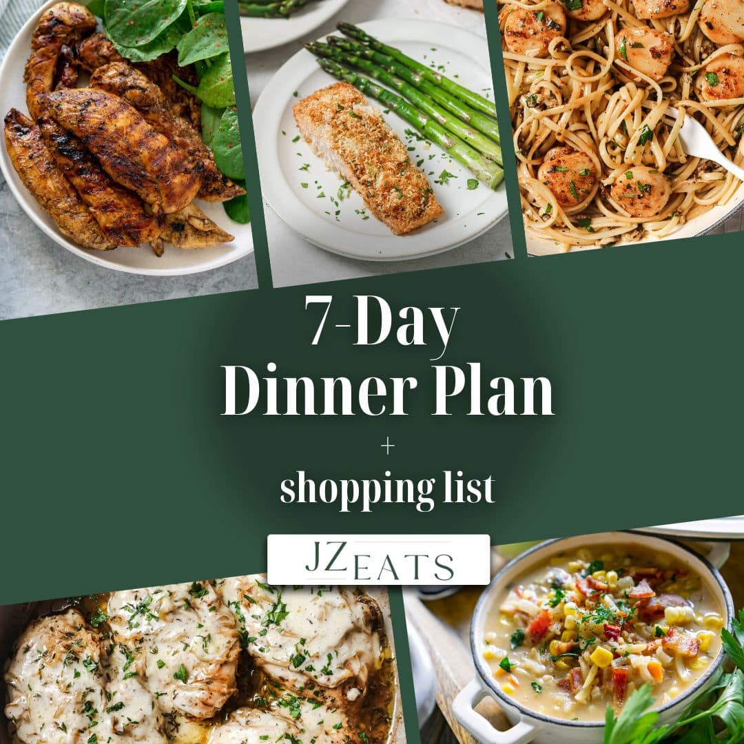 A collage of recipes with the title "7-Day Dinner Plan."