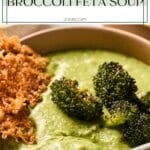 Easy sheet pan broccoli feta soup with creamy texture, roasted broccoli, and crispy cheese garnish.