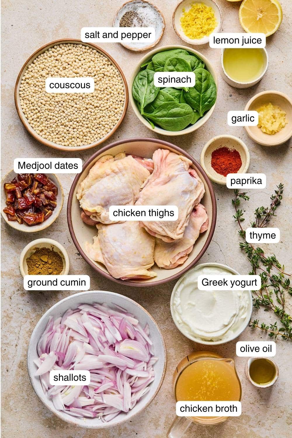 Labelled ingredients for Mediterranean chicken thighs.