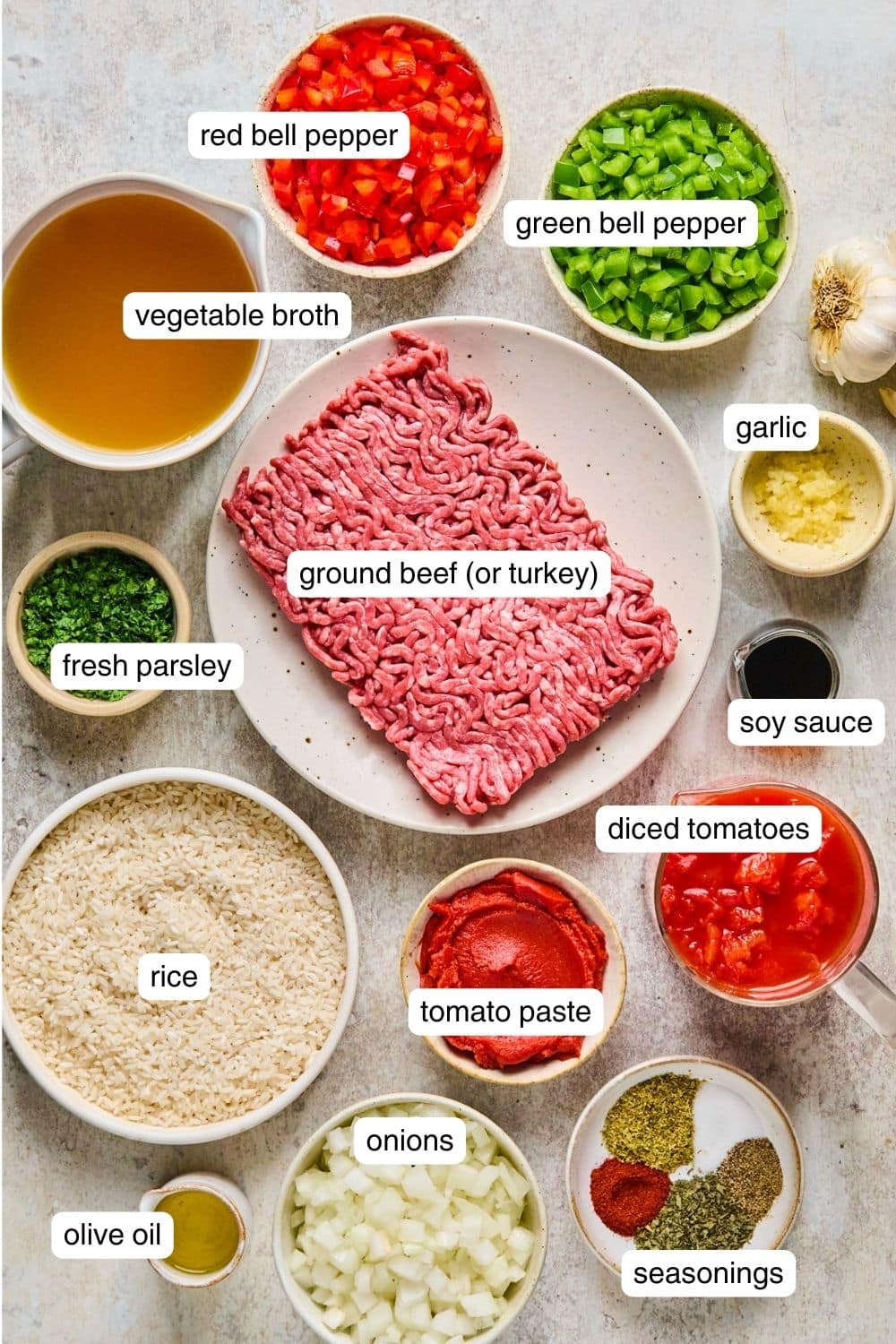 Portioned ingredients for stuffed pepper soup.