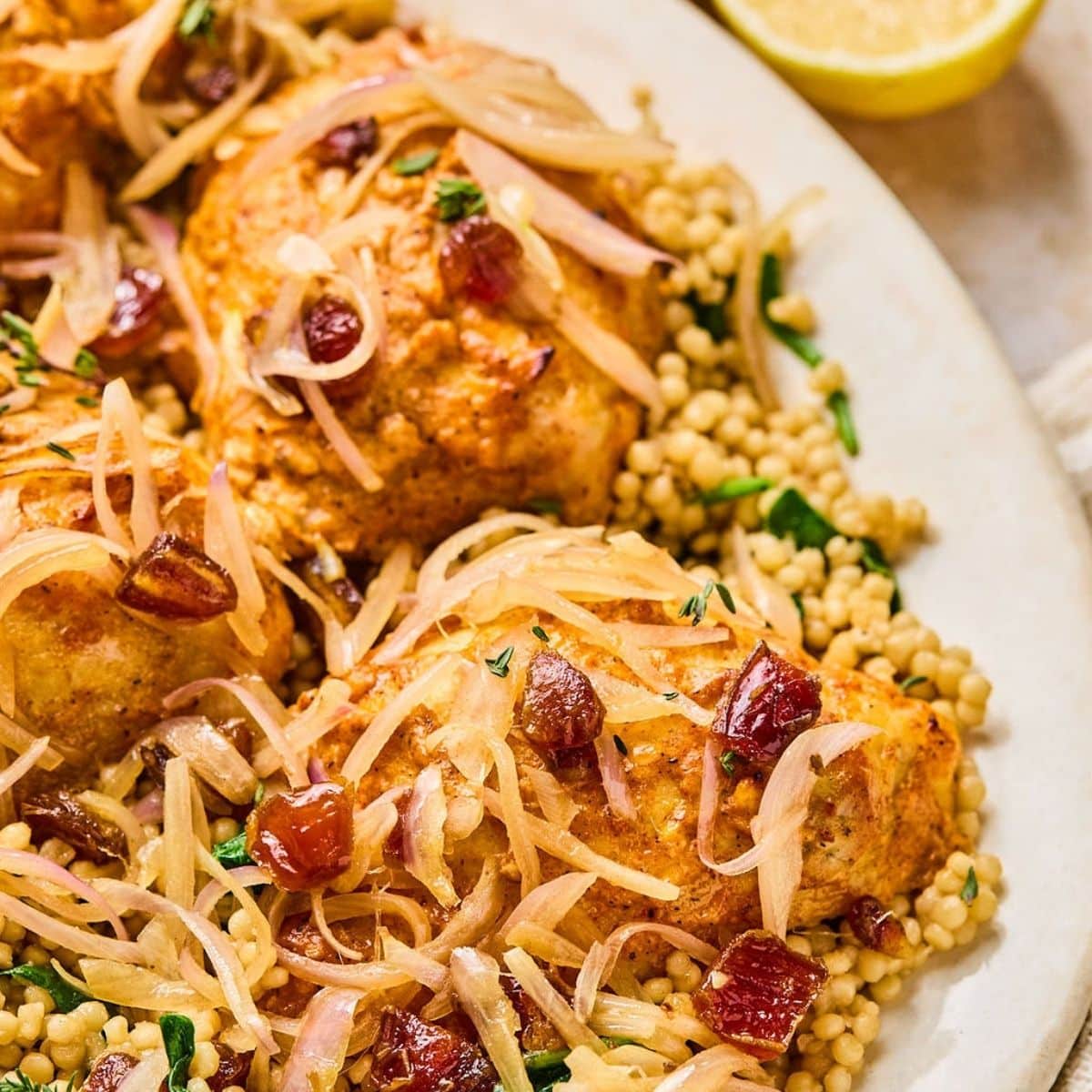 Close up of oven baked chicken thighs on a tray with couscous.