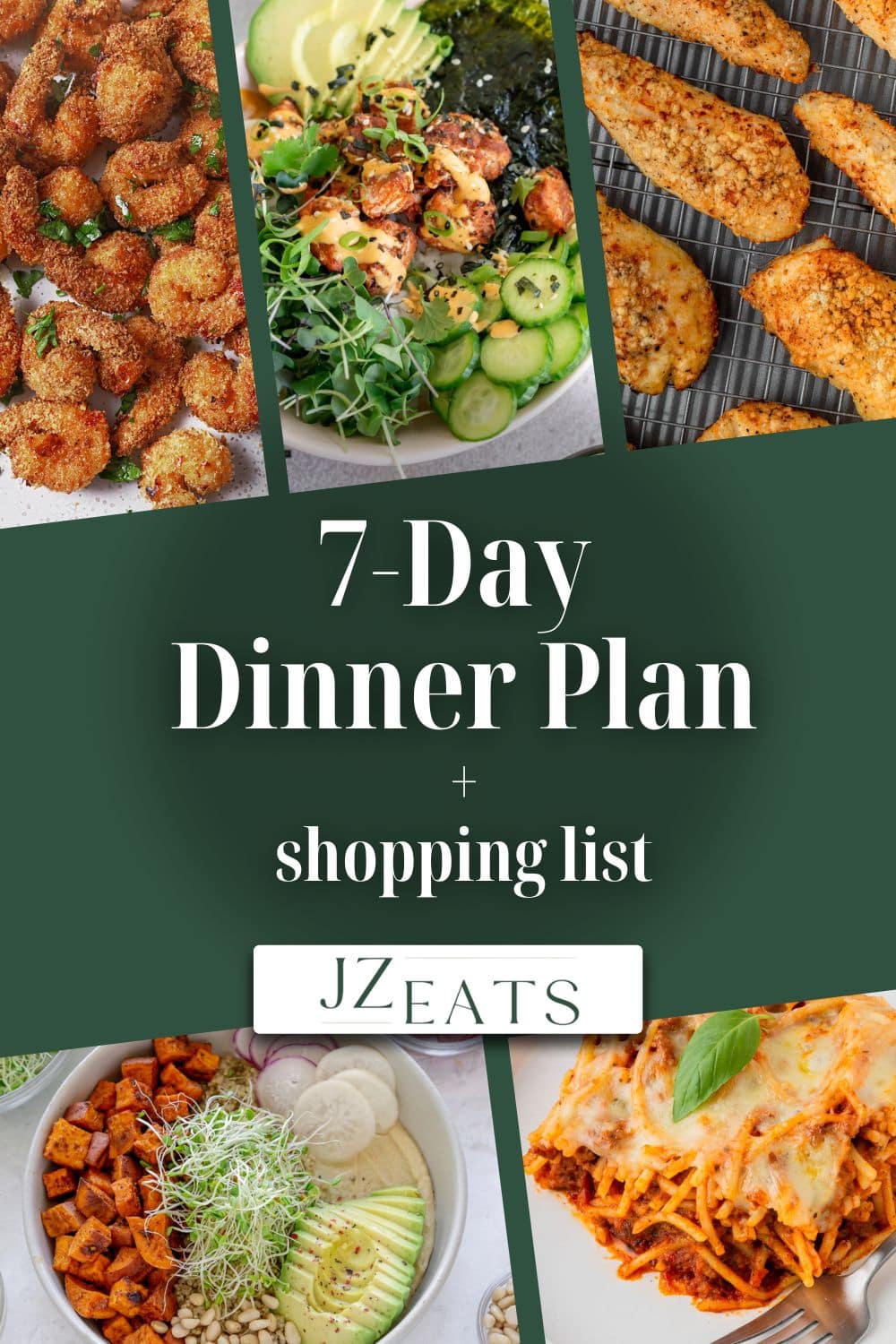 A collage of recipes titled 7-day Dinner Plan.