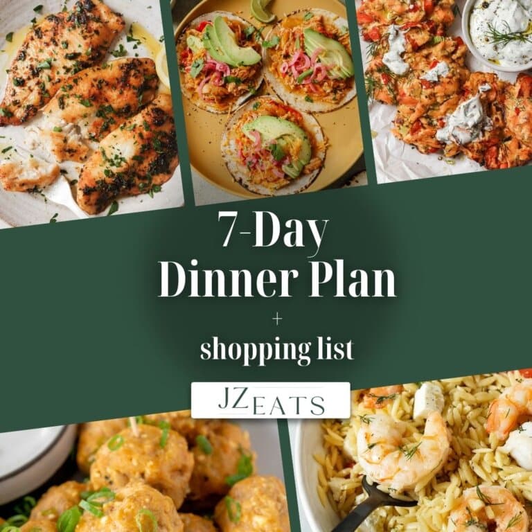 A collage of recipes with title "7-Day Dinner Plan."