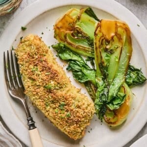 A plate of air fryer halibut with bok choy.