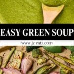 A pinterest pin for green soup with a photo of the soup and a wooden spoon.