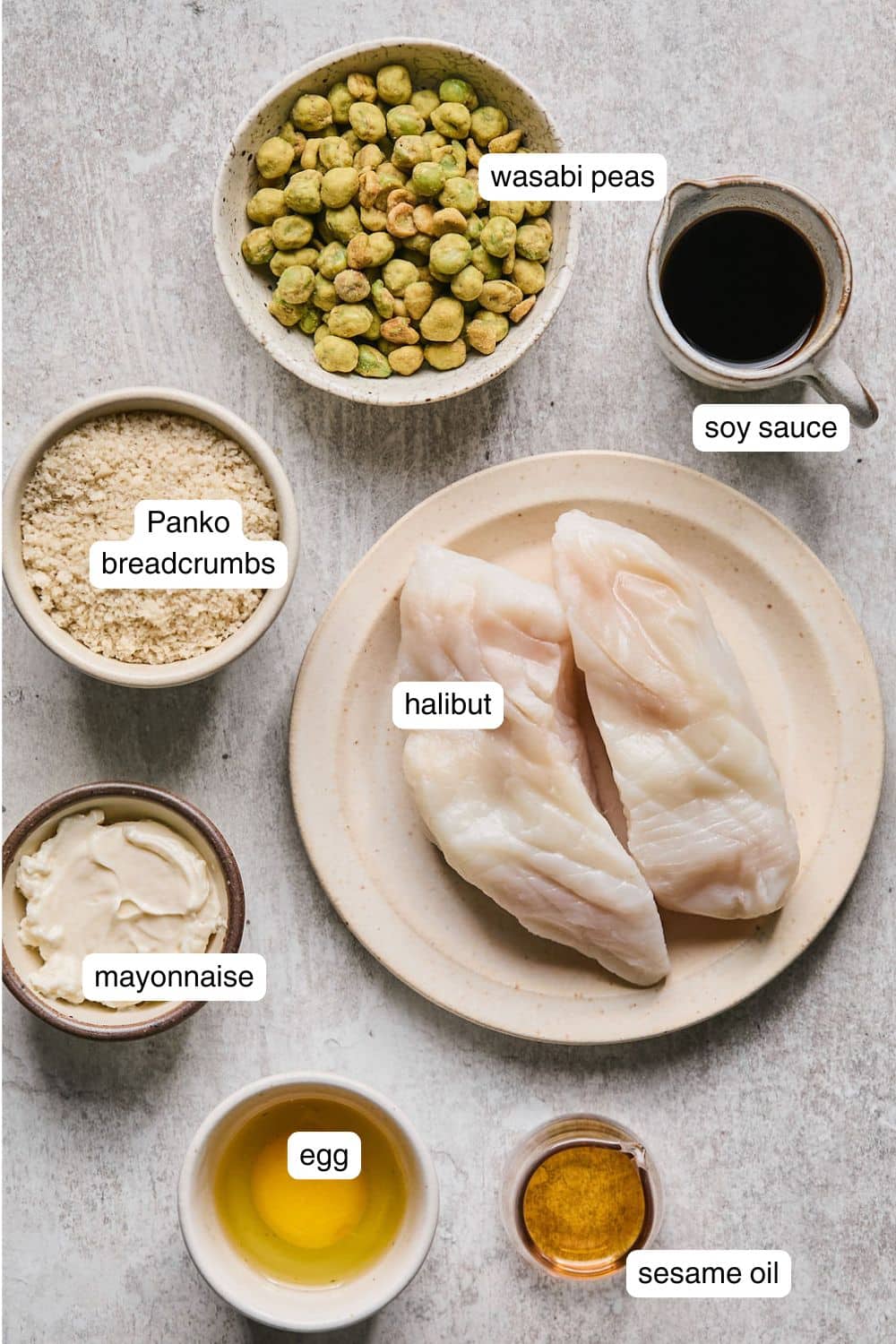 Labeled ingredients for air fryer halibut.