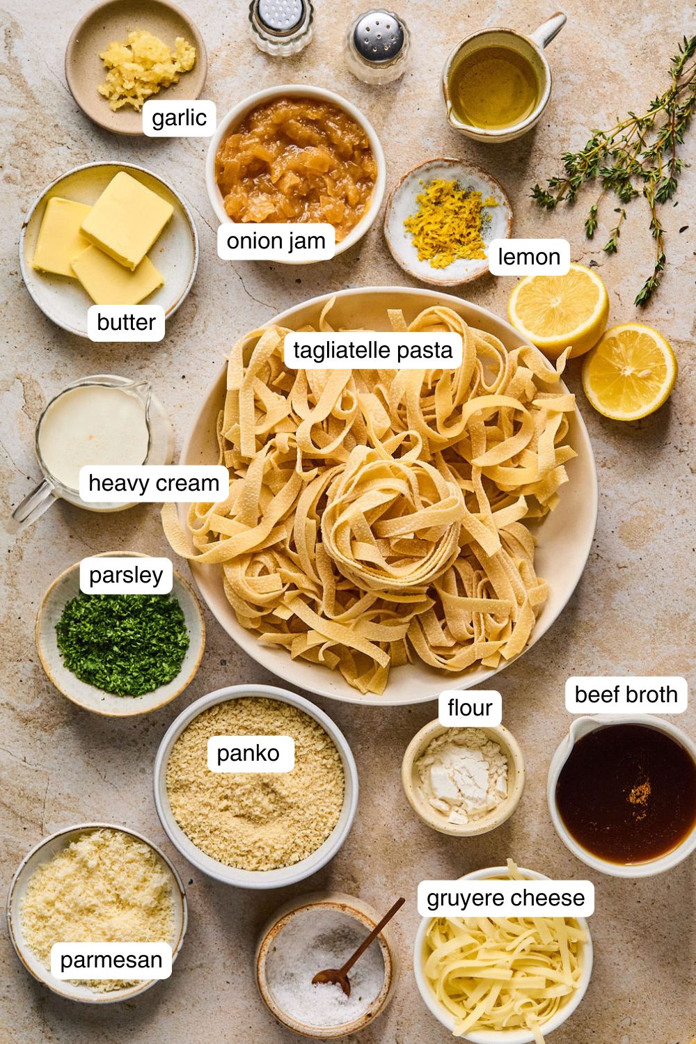 Labeled ingredients for french onion pasta.