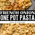 French onion pasta on a plate with a fork.