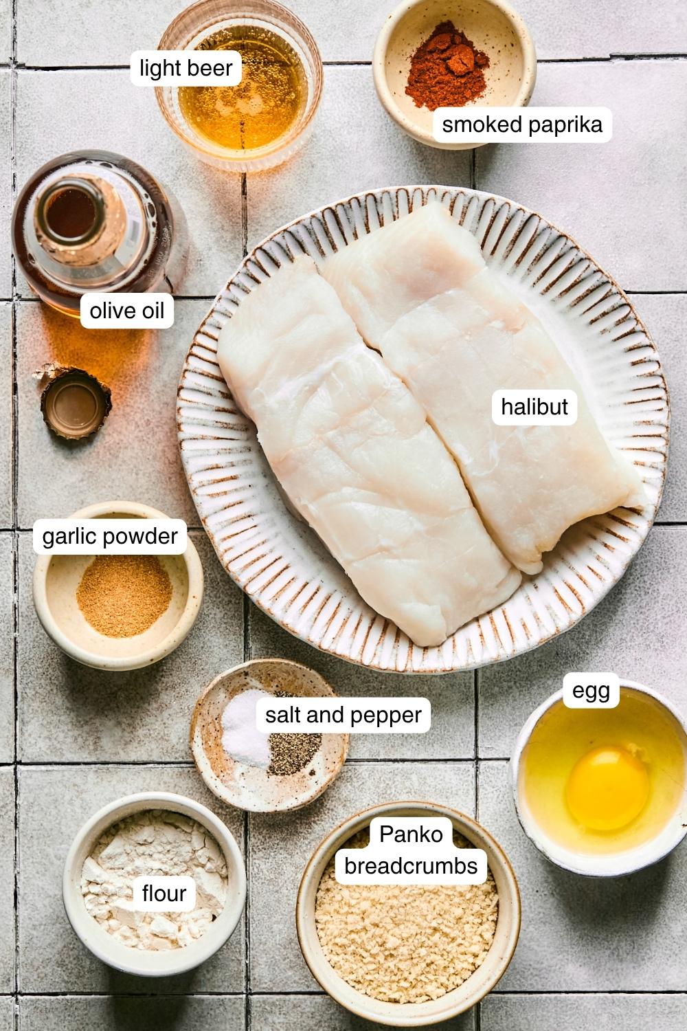 Labeled ingredients for air fryer fish tacos.