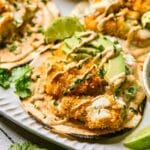 A fully assembled air fryer fish taco.