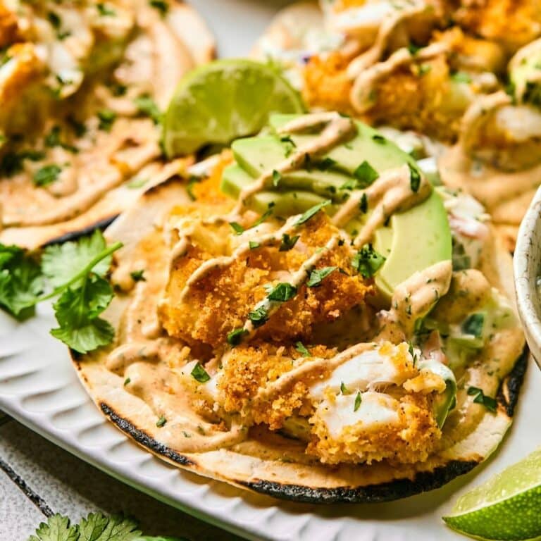 A fully assembled air fryer fish taco.