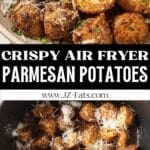 Parmesan potatoes on a plate and in an air fryer basket.