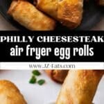 Crispy air fryer Philly cheesesteak egg rolls served with a creamy dipping sauce. One egg roll is split open to reveal melty cheese, and another is being dipped into the sauce.