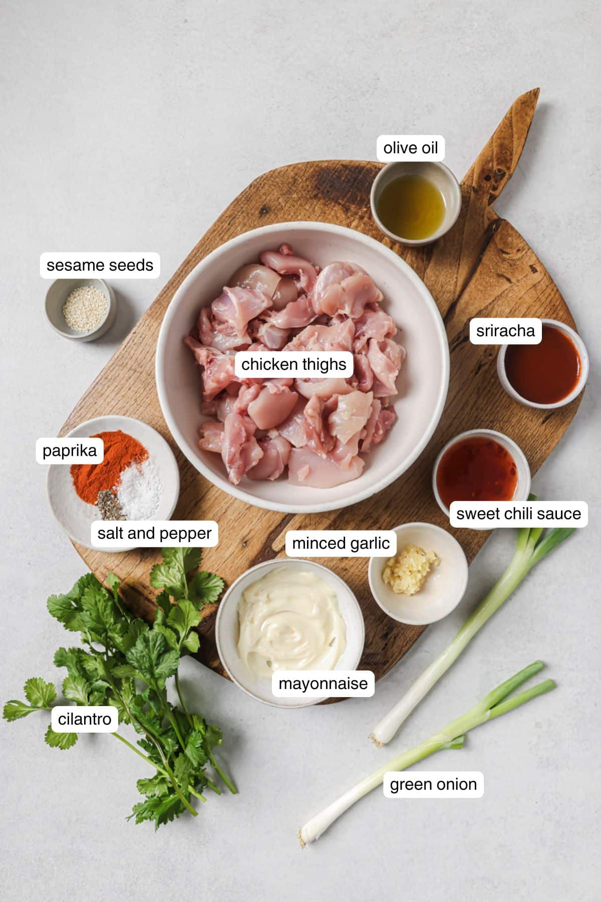 Labeled ingredients for bang bang chicken skewers.